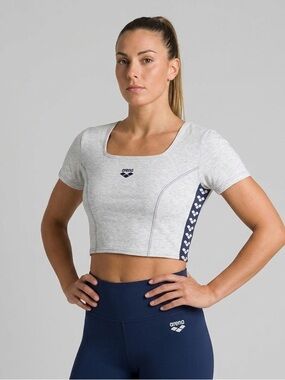 Arena Women’s Grey Crop Top with Blue Accent Detail